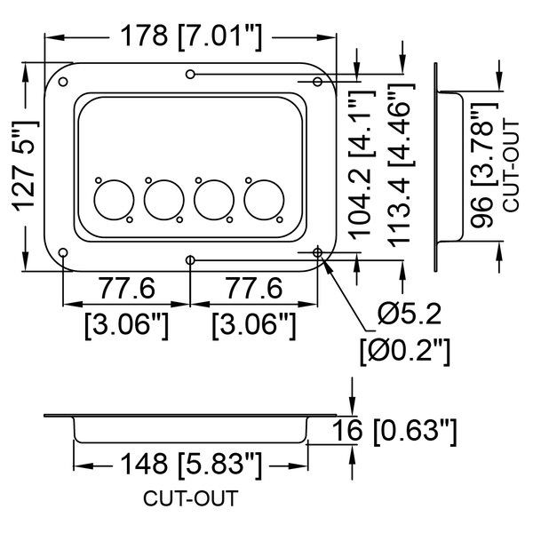 Penn Elcom - D024K - Dish Punched for 4 x D-Series Connectors - Black