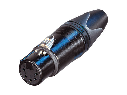 Neutrik - NC5FXX-B - 5 pole female cable connector with black metal housing and gold contacts.