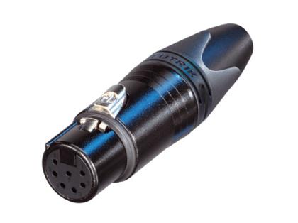 Neutrik - NC7FXX-B - 7 pole female cable connector with black metal housing and silver contacts.